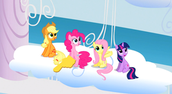 Size: 1099x597 | Tagged: safe, screencap, applejack, fluttershy, pinkie pie, twilight sparkle, g4, sonic rainboom (episode)