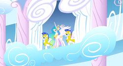 Size: 1099x597 | Tagged: safe, screencap, princess celestia, alicorn, pegasus, pony, g4, sonic rainboom (episode), female, male, mare, royal guard, stallion