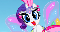 Size: 1099x597 | Tagged: safe, screencap, rarity, g4, sonic rainboom (episode), and then there's rarity, fashion disaster, female, glimmer wings, heavy makeup, irony, lipstick, looking at you, rarity being rarity, solo, tacky