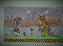 Size: 2338x1700 | Tagged: safe, artist:geekygraphics42, fluttershy, bird, rabbit, g4, crossover, duo, eyes closed, female, mare, photo, platformer, ring, sonic the hedgehog, sonic the hedgehog (series), text, traditional art