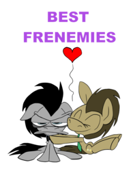 Size: 791x1013 | Tagged: safe, artist:joeywaggoner, doctor whooves, time turner, earth pony, pegasus, pony, ask discorded whooves, g4, discord whooves, doctor whooves is not amused, duality, eyes closed, floating heart, floppy ears, frenemies, friendshipping, frown, heart, hug, male, paradox, self loathing, self ponidox, smiling, stallion