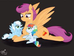 Size: 1024x768 | Tagged: safe, artist:pimpartist101, scootaloo, g4, aunt and nephew, auntie scootaloo, babysitting, filly, foalsitter, offspring, older, parent:rainbow dash, parent:soarin', parents:soarindash, simple background
