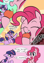 Size: 906x1280 | Tagged: safe, artist:dotkwa, pinkie pie, twilight sparkle, alicorn, pony, worm, g4, accidental carnivory, apple, comic, female, mare, ponies eating meat, twilight sparkle (alicorn)