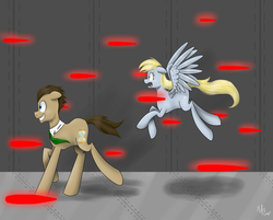 Size: 1024x822 | Tagged: safe, artist:melisong777, derpy hooves, doctor whooves, time turner, pegasus, pony, g4, female, flying, galloping, laser, mare, running