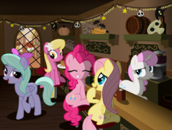 Size: 1759x1339 | Tagged: safe, artist:nerfpony, flitter, fluttershy, lily, lily valley, pinkie pie, twinkleshine, earth pony, pegasus, pony, unicorn, g4, autumn, female, hot chocolate, laughing, mare, nightmare night, pie, pumpkin, raised hoof, smiling