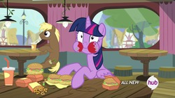 Size: 1280x720 | Tagged: safe, screencap, coco crusoe, twilight sparkle, alicorn, earth pony, pony, g4, twilight time, drink, female, hay burger, hay fries, male, mare, stallion, that pony sure does love burgers, twilight burgkle, twilight sparkle (alicorn)
