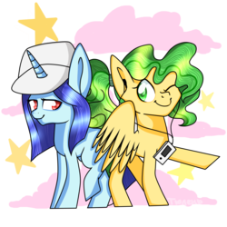 Size: 4500x4500 | Tagged: safe, artist:jandi-seal, oc, oc only, pegasus, pony, unicorn, absurd resolution, earbuds, hat, ipod, simple background, transparent background, wink