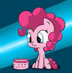 Size: 747x756 | Tagged: safe, artist:alazak, pinkie pie, earth pony, pony, g4, cake, candle, cute, diapinkes, female, fire, sitting, solo