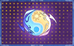 Size: 2560x1600 | Tagged: safe, artist:mysticalpha, princess celestia, princess luna, g4, equestria, flag, flag of equestria, moon, stars, sun, wallpaper, yin-yang