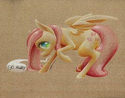 Size: 2141x1679 | Tagged: safe, artist:getchanoodlewet, fluttershy, g4, female, go away, profile, raised hoof, solo, speech bubble, spread wings, traditional art, wings