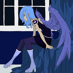 Size: 1824x1836 | Tagged: safe, artist:darkwoelfin, princess luna, human, g4, boots, clothes, female, humanized, s1 luna, solo, stockings, winged humanization