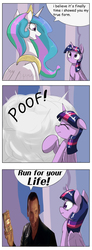 Size: 1024x2794 | Tagged: safe, artist:otakuap edit, princess celestia, twilight sparkle, alicorn, human, pony, g4, bomb, celestia's true form, character to character, christopher eccleston, comic, dialogue, doctor who, exploitable meme, female, irl, irl human, mare, meme, ninth doctor, photo, poof, speech bubble, transformation, twilight sparkle (alicorn)