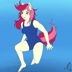 Size: 1280x1280 | Tagged: safe, artist:almonddragon, roseluck, anthro, plantigrade anthro, g4, barefoot, clothes, feet, female, one-piece swimsuit, solo, swimsuit, underwater