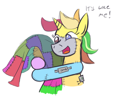 Size: 690x571 | Tagged: safe, artist:jargon scott, oc, oc only, oc:mismatch, blanket, cute, frankenpony, frankenstein's monster, hug, quilt, solo