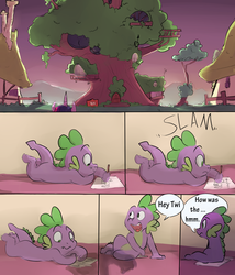 Size: 1280x1493 | Tagged: safe, artist:imsokyo, spike, twilight sparkle, dragon, pony, unicorn, comic:cold tea, daily life of spike, g4, comic, dialogue, drawing, female, golden oaks library, male, mare