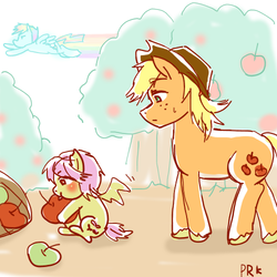 Size: 500x500 | Tagged: safe, artist:prk, applejack, fluttershy, g4, applejack (male), batterscotch, butterscotch, flutterbat, pixiv, rule 63