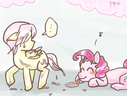 Size: 600x450 | Tagged: safe, artist:prk, fluttershy, pinkie pie, g4, ..., :p, blushing, bubble berry, butterscotch, chocolate milk, eyes closed, floppy ears, hidden eyes, licking, looking back, pixiv, prone, raised hoof, raised leg, rule 63, smiling, sweatdrop, tongue out