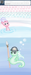 Size: 500x1200 | Tagged: safe, artist:alipes, pinkie pie, sea pony, ask pinkie pierate, g4, ask, bath, comic, hat, pirate, spear, tumblr, underwater, weapon