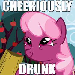 Size: 600x600 | Tagged: safe, screencap, cheerilee, g4, the super speedy cider squeezy 6000, animation error, apple, caption, cheerious, cider, drink, drinking, drunk, female, happy, image macro, mug, pun, smiling, solo, tree, wrong eye color