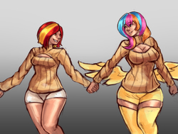 Size: 2883x2182 | Tagged: safe, artist:checkerboardazn, oc, oc only, oc:golden gates, oc:poniko, human, babscon, babscon mascots, boob window, clothes, high res, holding hands, humanized, humanized oc, japan ponycon, keyhole turtleneck, mascot, open-chest sweater, shipping, smiling, socks, sweater, turtleneck