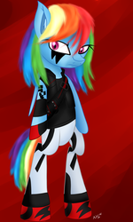 Size: 1500x2500 | Tagged: safe, artist:novaspark, rainbow dash, pony, semi-anthro, g4, abstract background, bipedal, clothes, costume, crossover, faith connors, female, mare, mirror's edge, signature, solo, wingless