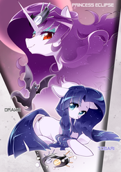 Size: 700x1000 | Tagged: safe, artist:yukina-namagaki, oc, oc only, oc:princess eclipse, oc:tobarichan, alicorn, bat, earth pony, pony, anime, crown, cutie mark, drake, evil, floppy ears, japan, japan ponycon, japanese, jewelry, looking at you, looking back, princess eclipse, regalia, shy, smiling, stars