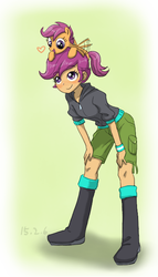 Size: 400x700 | Tagged: safe, artist:ta-na, scootaloo, human, pony, equestria girls, g4, cute, cutealoo, flapping, heart, human ponidox, self ponidox