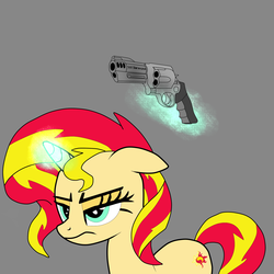 Size: 1500x1500 | Tagged: safe, artist:samey90, sunset shimmer, pony, unicorn, g4, annoyed, gun, magic, revolver, smith & wesson, smith & wesson model .500 magnum