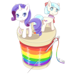 Size: 1000x1000 | Tagged: safe, artist:banzatou, coco pommel, rarity, earth pony, pony, unicorn, g4, cocobetes, cute, female, looking at you, looking back, looking back at you, mare, rainbow thread, raised hoof, raribetes, simple background, smiling, transparent background