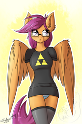 Size: 1000x1500 | Tagged: safe, artist:silverfox057, scootaloo, pegasus, anthro, ask nerdy scootaloo, g4, ask, blue underwear, breasts, clothes, dork, dress, female, glasses, hilarious in hindsight, older, panties, sexy, shirt, socks, solo, stockings, striped underwear, t-shirt, the legend of zelda, thigh highs, thighs, triforce, tumblr, underwear, wing fluff