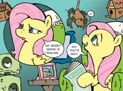 Size: 1087x800 | Tagged: safe, artist:katie cook, idw, cave troll jim, fluttershy, cave troll, pegasus, pony, spider, g4, cute, female, fluttershy being fluttershy, heart, magazine, mare, needs more jpeg, picture frame, spider-sense