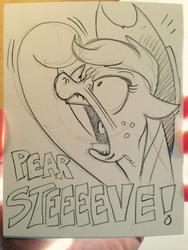 Size: 640x852 | Tagged: safe, artist:andypriceart, applejack, g4, angry, female, monochrome, solo, swearing, traditional art
