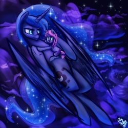 Size: 894x894 | Tagged: safe, artist:glitteronin, princess luna, oc, oc:seline, g4, azuna, cute, female, filly, foal, hug, missing accessory, mother and daughter, night, offspring, on back, open mouth, parent:oc:azure night, parent:princess luna, parents:azuna, parents:canon x oc, size difference, smiling, stars, underhoof