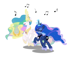 Size: 3500x2556 | Tagged: safe, artist:light262, artist:lummh, princess celestia, princess luna, alicorn, pony, g4, ^^, cute, cutelestia, eyes closed, female, flute, happy, high res, lyre, magic, mare, music notes, musical instrument, open mouth, prancing, royal sisters, simple background, sisters, smiling, telekinesis, transparent background, trotting, vector