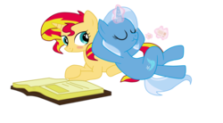 Size: 1330x736 | Tagged: safe, artist:elsia-pony, artist:noahther, artist:sofunnyguy, sunset shimmer, trixie, pony, unicorn, g4, blushing, book, crackers, eating, female, food, lesbian, peanut butter, peanut butter crackers, ship:suntrix, shipping, simple background, transparent background