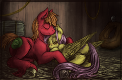 Size: 1980x1305 | Tagged: safe, artist:bantha, artist:cheezedoodle96, big macintosh, fluttershy, earth pony, pony, g4, barn, cuddling, duo, eyes closed, female, hay bale, horse collar, male, mare, ship:fluttermac, shipping, smiling, snuggling, stallion, straight, underhoof
