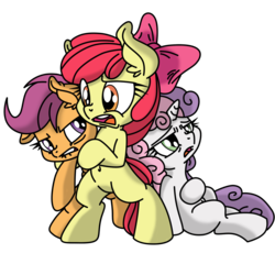 Size: 2000x2000 | Tagged: safe, artist:dfectivedvice, artist:pananovich, apple bloom, scootaloo, sweetie belle, earth pony, pegasus, pony, unicorn, g4, belly button, bipedal, bow, carrying, cutie mark crusaders, female, high res, holding a pony, hoof on belly, lip bite, open mouth, simple background, sitting, transparent background, trio, trio female