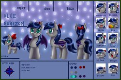 Size: 1098x728 | Tagged: safe, artist:pridark, oc, oc only, oc:blue horizon, bat pony, pony, emotions, female, filly, hair bow, mare, reference sheet, smiling, solo