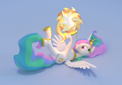 Size: 2000x1400 | Tagged: safe, artist:uncommented, princess celestia, g4, 3d, behaving like a cat, cute, cutelestia, female, grin, happy, hoofy-kicks, legs in air, on back, playing, smiling, solo, spread wings, sun, tangible heavenly object