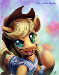 Size: 900x1142 | Tagged: safe, artist:tsitra360, applejack, earth pony, pony, g4, american football, andrew luck, cute, female, hat, horseshoes, indianapolis colts, jackabetes, looking at you, mare, nfl, open mouth, raised eyebrow, raised hoof, smiling, solo, super bowl, super bowl xlix