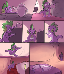 Size: 1280x1493 | Tagged: safe, artist:imsokyo, spike, twilight sparkle, dragon, pony, unicorn, comic:cold tea, daily life of spike, g4, bed, comic, cute, female, male, mare, on bed, spikabetes, tea