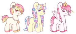 Size: 549x246 | Tagged: safe, artist:oniponii, oc, oc only, oc:floating flower, oc:prince charming, earth pony, pegasus, pony, unicorn, adoptable