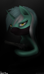 Size: 425x709 | Tagged: safe, artist:1deathpony1, lyra heartstrings, pony, unicorn, g4, evil eyes, female, gun, handgun, mask, narrowed eyes, revolver, solo, this will end in death