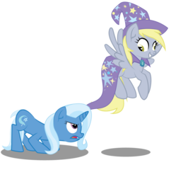 Size: 1024x1056 | Tagged: dead source, safe, artist:dr-whiskey, derpy hooves, trixie, pegasus, pony, unicorn, g4, accessory theft, duo, duo female, female, mare