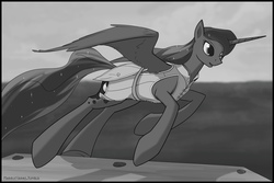 Size: 887x592 | Tagged: safe, artist:marbleyarns, princess luna, under a paper moon, g4, airship, captain luna, clothes, female, flying, grayscale, monochrome, solo