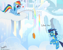 Size: 1001x798 | Tagged: safe, artist:ivanpqwerty, rainbow dash, soarin', pegasus, pony, g4, bait, cloud, cloudsdale, female, fishing, fishing rod, goggles, heart, male, mare, pie, ship:soarindash, shipping, stallion, straight, that pony sure does love pies, wonderbolts uniform