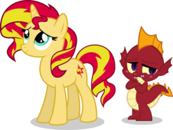 Size: 1414x1066 | Tagged: safe, artist:punzil504, garble, sunset shimmer, dragon, pony, unicorn, g4, alternate universe, baby dragon, duo, simple background, transparent background, vector, younger