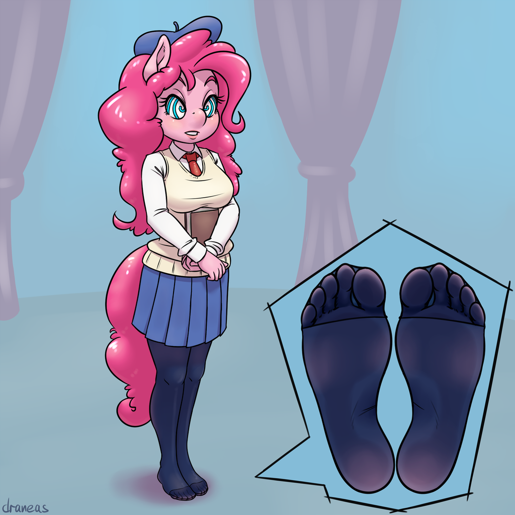 artist:draneas, pinkie pie, anthro, plantigrade anthro, clothes, feet, fema...