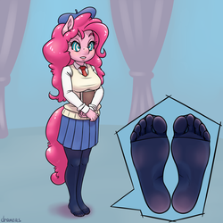 Size: 2000x2000 | Tagged: safe, artist:draneas, pinkie pie, earth pony, anthro, plantigrade anthro, g4, clothes, feet, female, foot fetish, foot focus, high res, hosed feet, hypnosis, missing shoes, pantyhose, school uniform, soles, solo