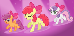 Size: 6148x3000 | Tagged: safe, artist:godoffury, apple bloom, scootaloo, sweetie belle, pony, g4, somepony to watch over me, absurd resolution, apple bloom's bow, bow, cutie mark crusaders, hair bow, scene interpretation, show accurate, vector, wink